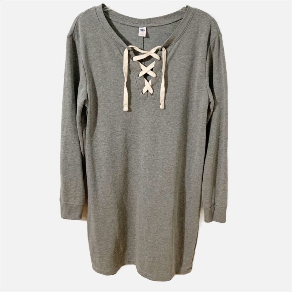 Old Navy Lace Up Fleece Long Sleeve Midi Shirt Dress Cuffed Sleeves Heather Gray